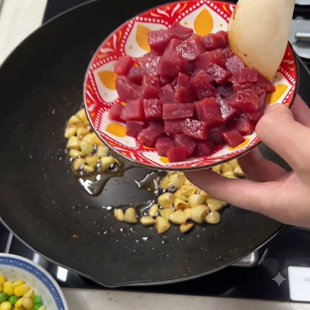 Cubetti di manzo rossi marinati aggiunti in una padella contenente aglio soffritto.