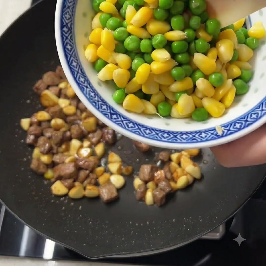 Piselli verdi e chicchi di mais giallo versati da una ciotola decorata in una padella con manzo cotto e aglio.