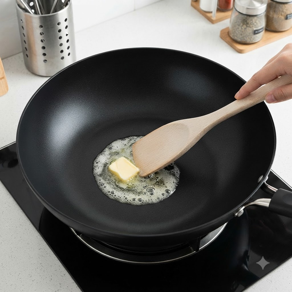 Riso bianco avanzato aggiunto in un wok con burro fuso e bollente e mescolato con una spatola di legno.