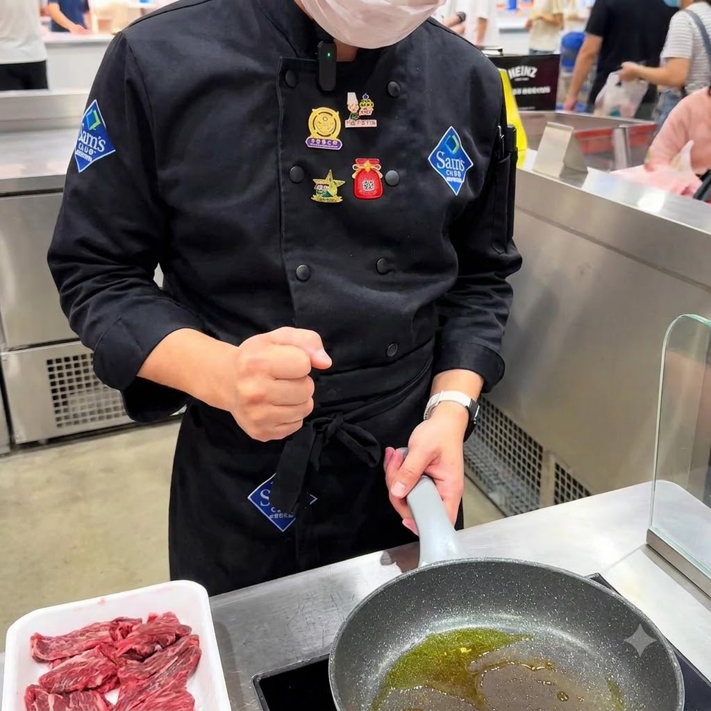 Pezzi di bistecca di scamone cruda aggiunti in una padella oliata e riscaldata.