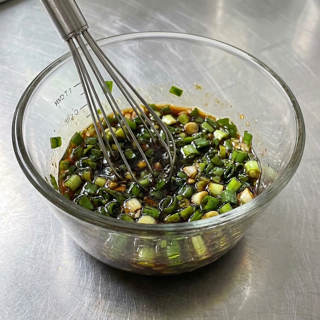 Salsa di aglio e cipollotto in cottura dentro una padella calda.