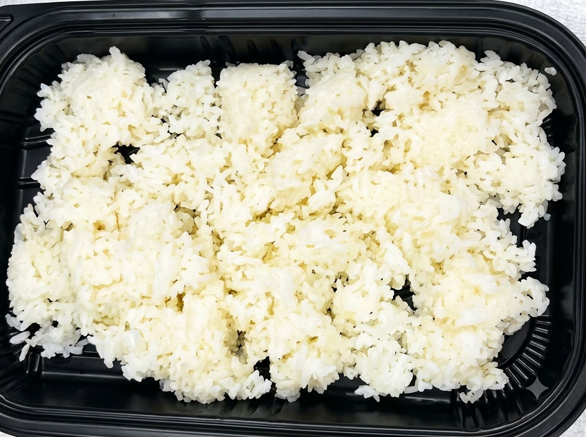 Un cucchiaio che versa la salsa allaglio sopra un letto di riso bianco in un contenitore nero.