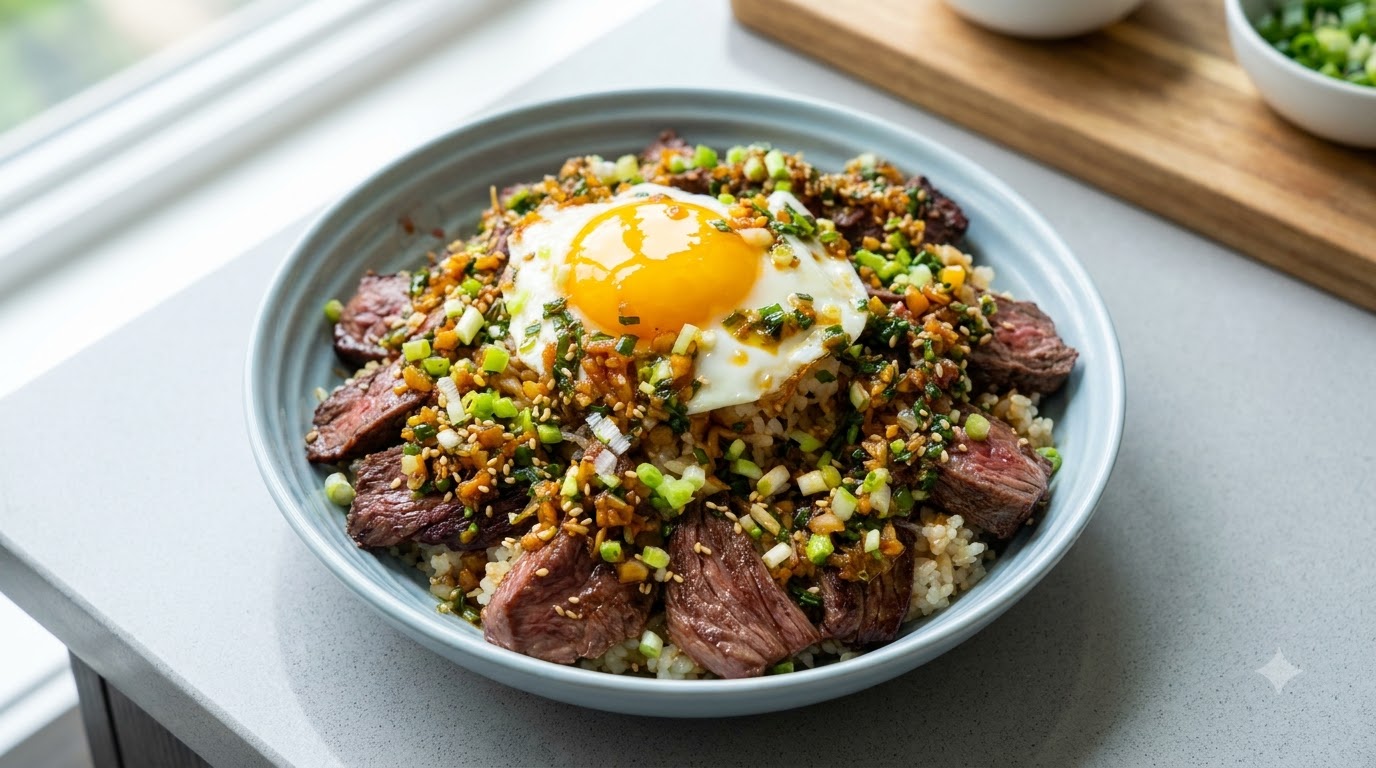 Bowl di Riso con Bistecca al Burro all'Aglio e Uovo