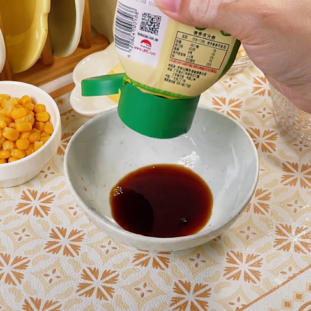 Una ciotola bianca contenente gli ingredienti di una salsa scura che vengono mescolati con un cucchiaio.