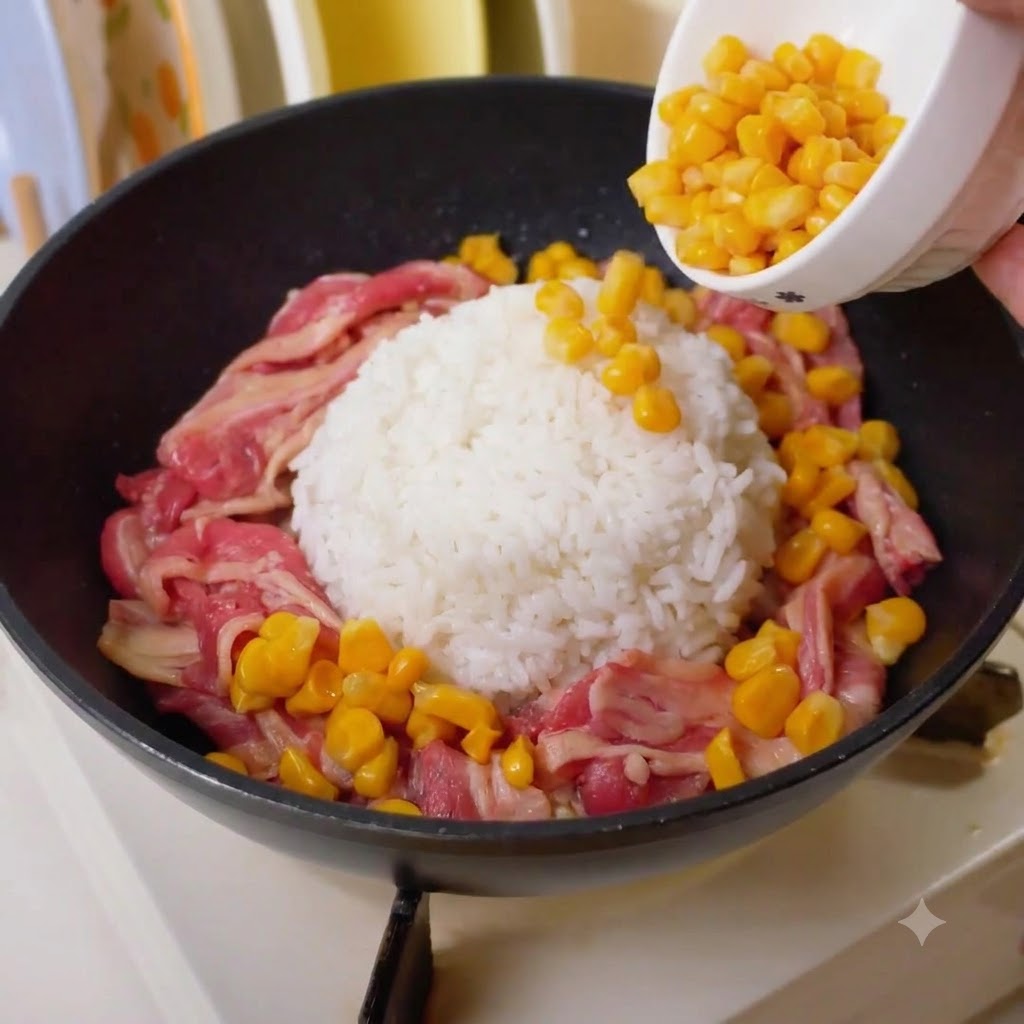 Chicchi di mais giallo che vengono versati da una ciotolina intorno al manzo e al riso.