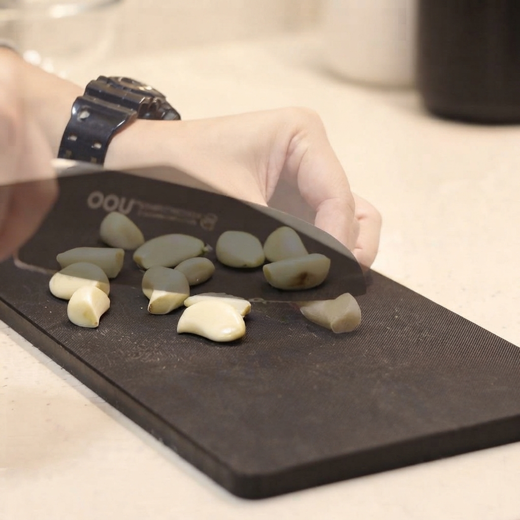 Una persona che usa un coltello da cucina per tagliare a metà gli spicchi daglio pelati su un tagliere nero.