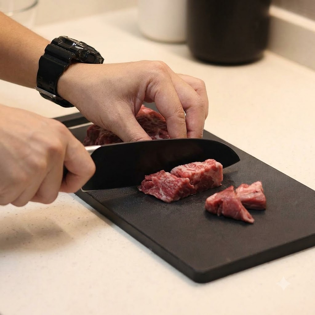 Mani che usano un grosso coltello per affettare un pezzo spesso di bistecca cruda in piccoli cubetti su un tagliere nero.