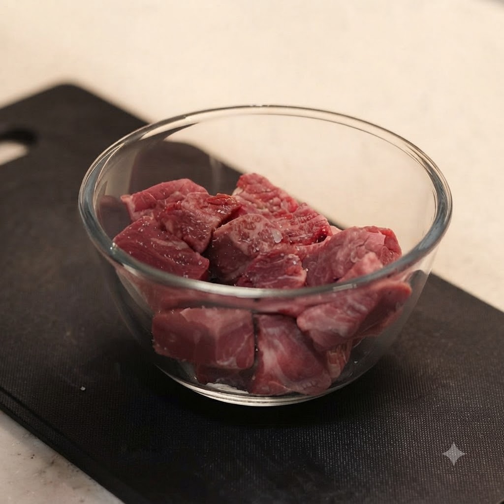 Manzo crudo a dadi in una piccola ciotola di vetro, visibilmente condito con sale marino grosso.