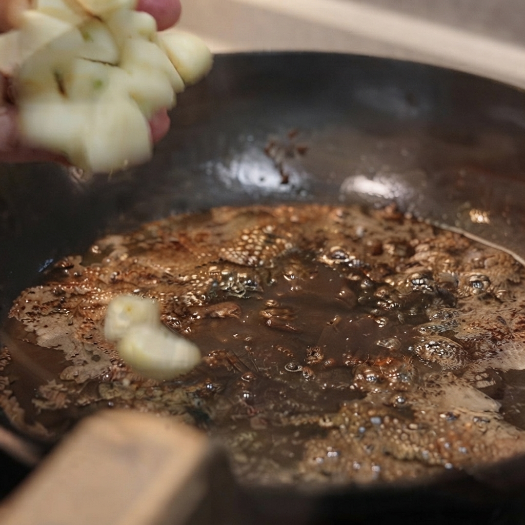 Spicchi daglio fatti saltare in padella con il burro avanzato e i succhi di cottura.