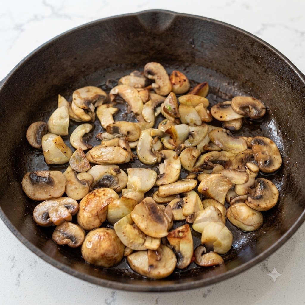 Cubetti di manzo a dadi mescolati con funghi saltati e aglio che sfrigolano insieme allinterno di una padella in ghisa.