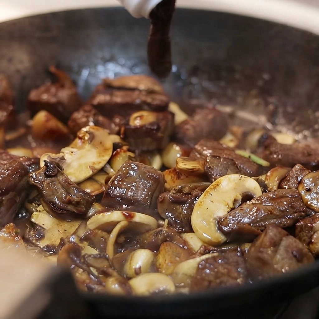 Salsa scura al pepe nero versata da una bottiglia in una padella piena di manzo saltato, funghi e aglio.