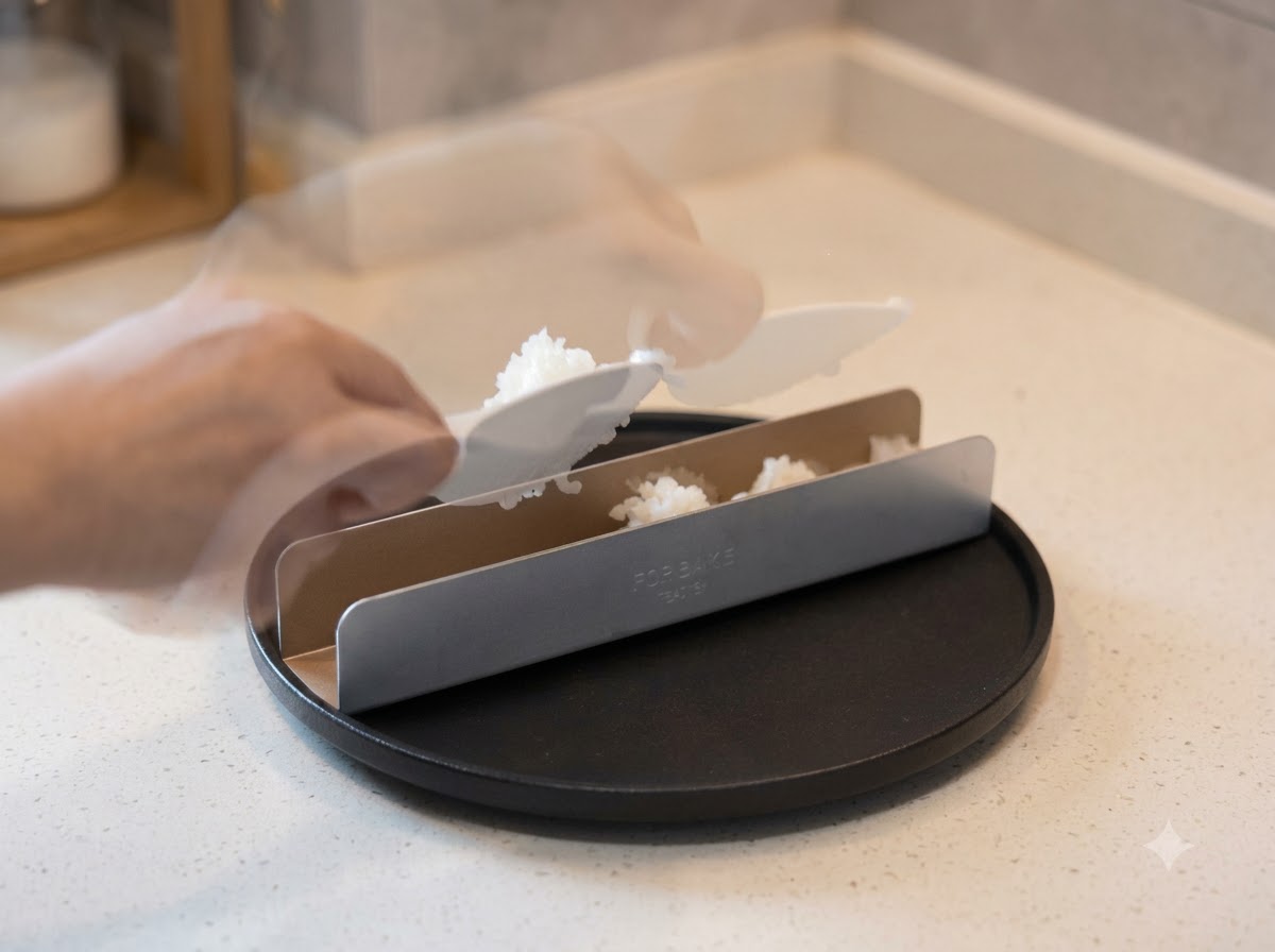 Riso bianco pressato in uno stampo di metallo posizionato su un piatto da portata nero.