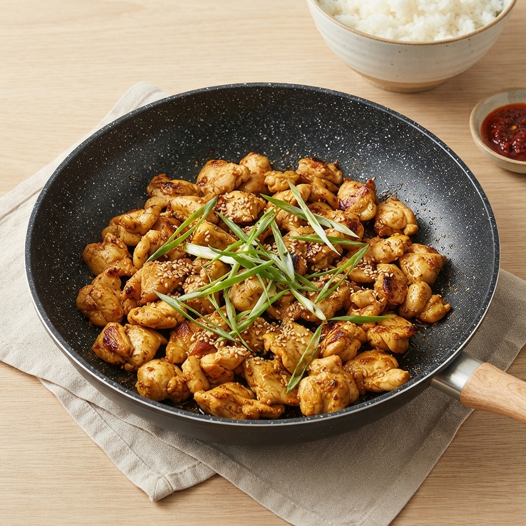 Pezzi di pollo saltati mescolati con kimchi allinterno di una padella antiaderente scura guarnita con cipollotti affettati e semi di sesamo.