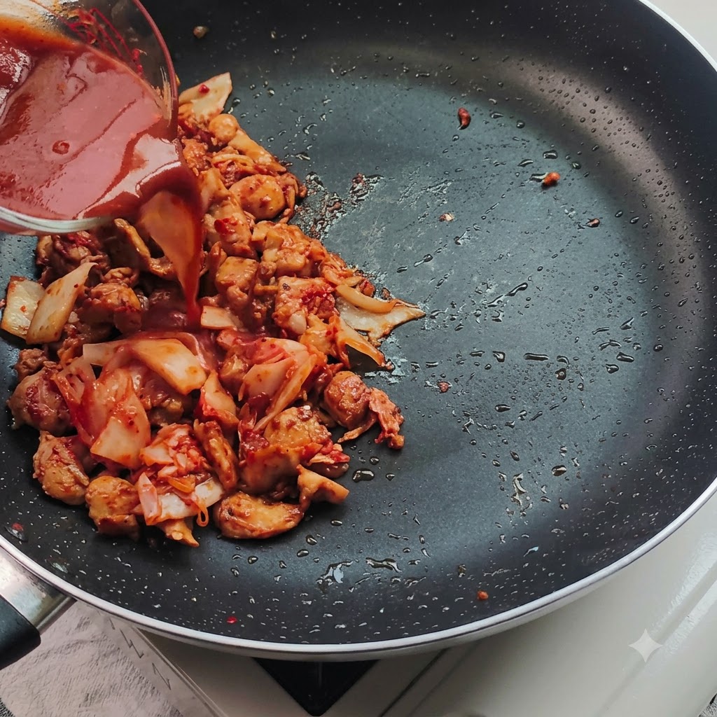 Salsa rossa versata da un misurino di vetro in una padella contenente pollo e kimchi tritato.