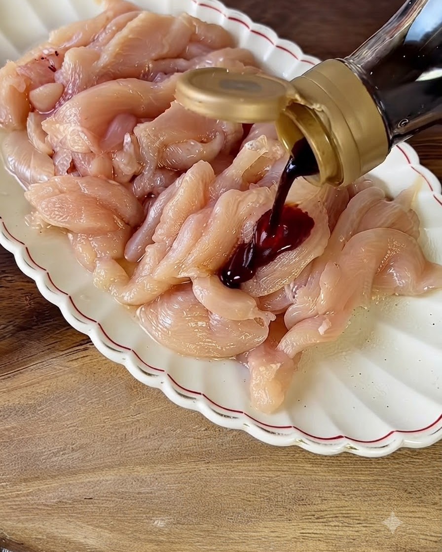 Salsa di soia scura che viene versata da una bottiglia su strisce di petto di pollo crudo su un piatto bianco smerlato.