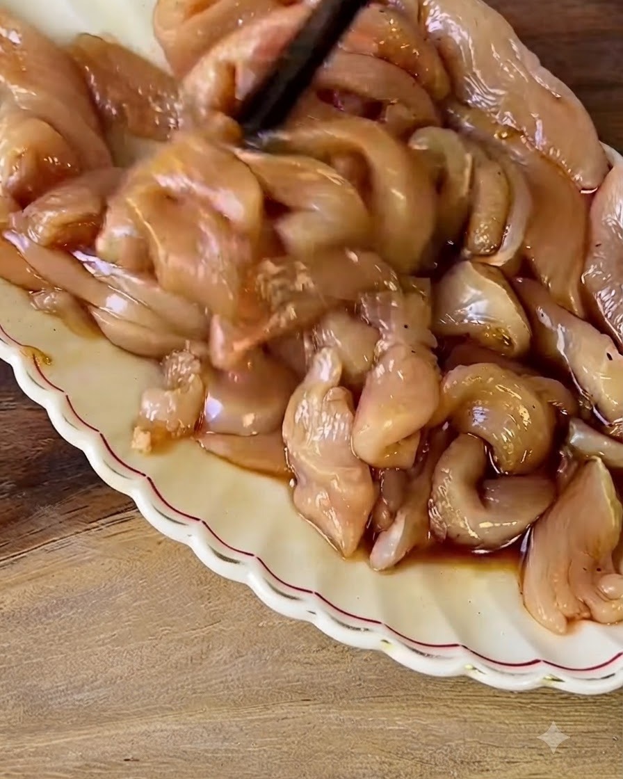 Bacchette che mescolano pezzi di pollo crudo ricoperti di marinata su un piatto bianco.