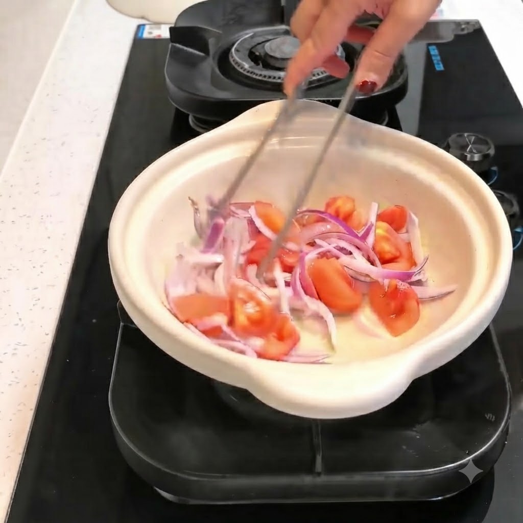 Kimchi e fette di manzo crude mescolate insieme a cipolle e pomodori allinterno di una pentola da cucina usando le pinze.