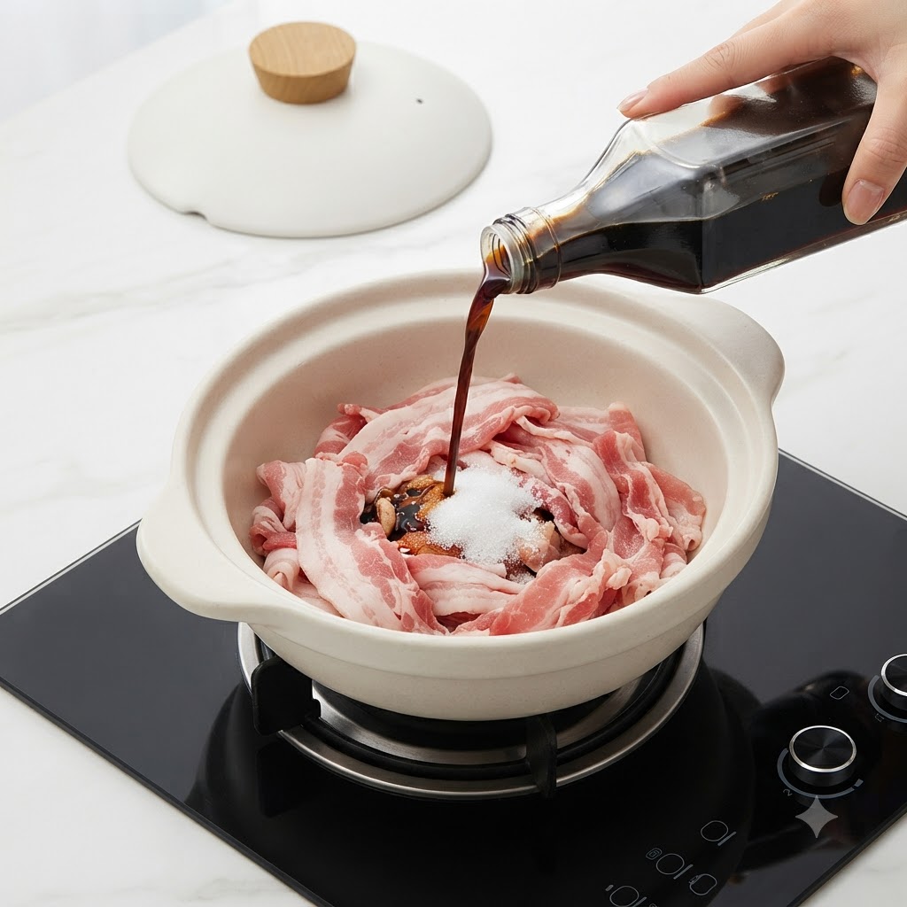 Salsa di soia versata da una bottiglia in una pentola contenente manzo crudo, zucchero e condimenti.