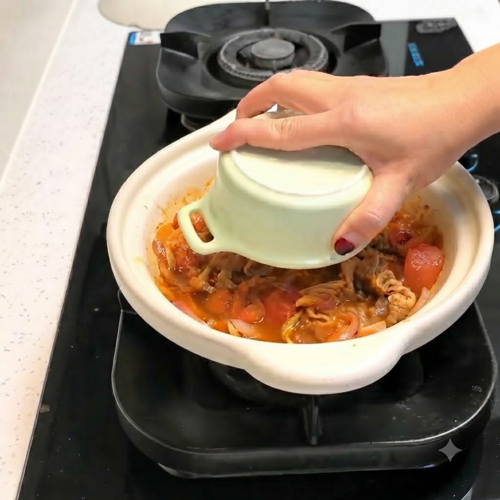Una ciotola di riso capovolta e posizionata al centro di una pentola da cucina riempita con un miscuglio saporito di manzo e kimchi.