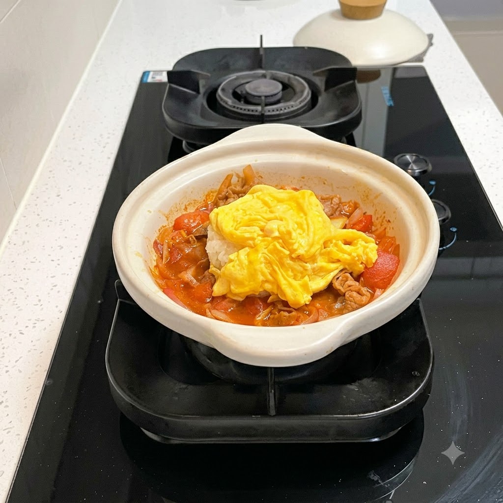 Uova strapazzate giallo tenue disposte ordinatamente sopra il riso e gli ingredienti stufati allinterno di una pentola di coccio bianca.