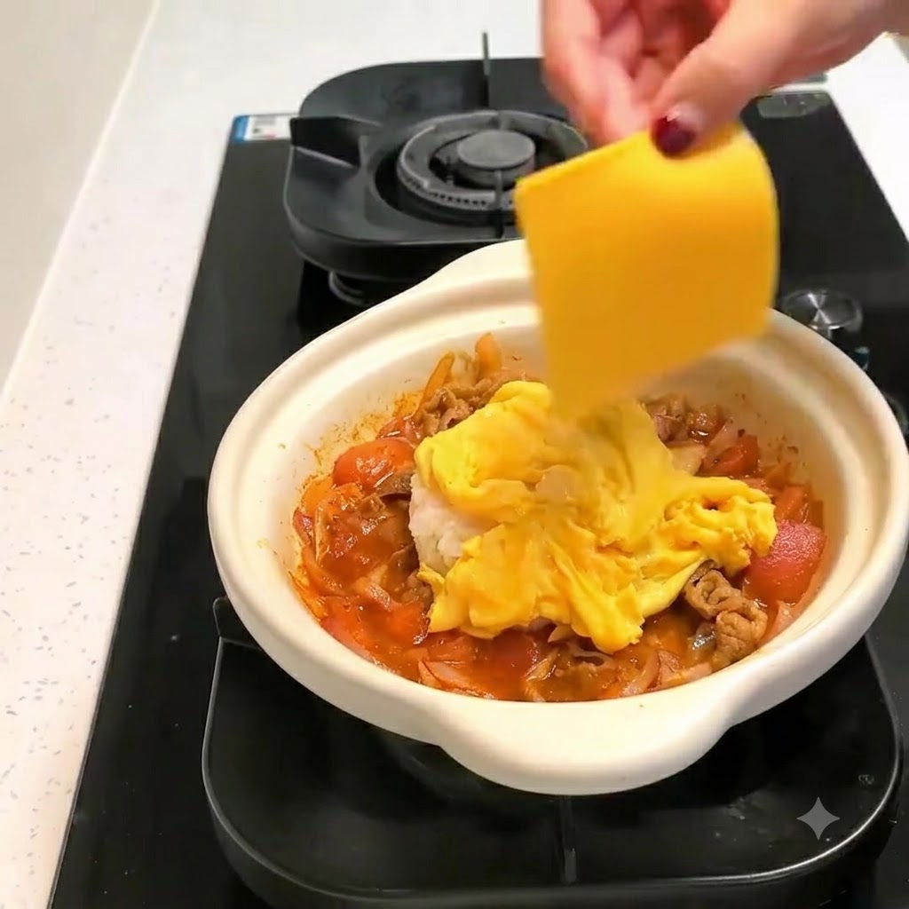 Due fette di formaggio giallo posizionate sopra le uova strapazzate morbide nella pentola di coccio bianca.