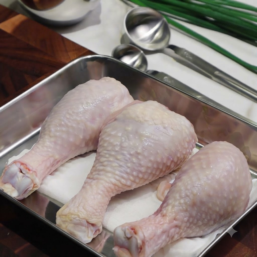 Cosce di pollo fresche adagiate in un vassoio di acciaio inossidabile con utensili da cucina vicini.