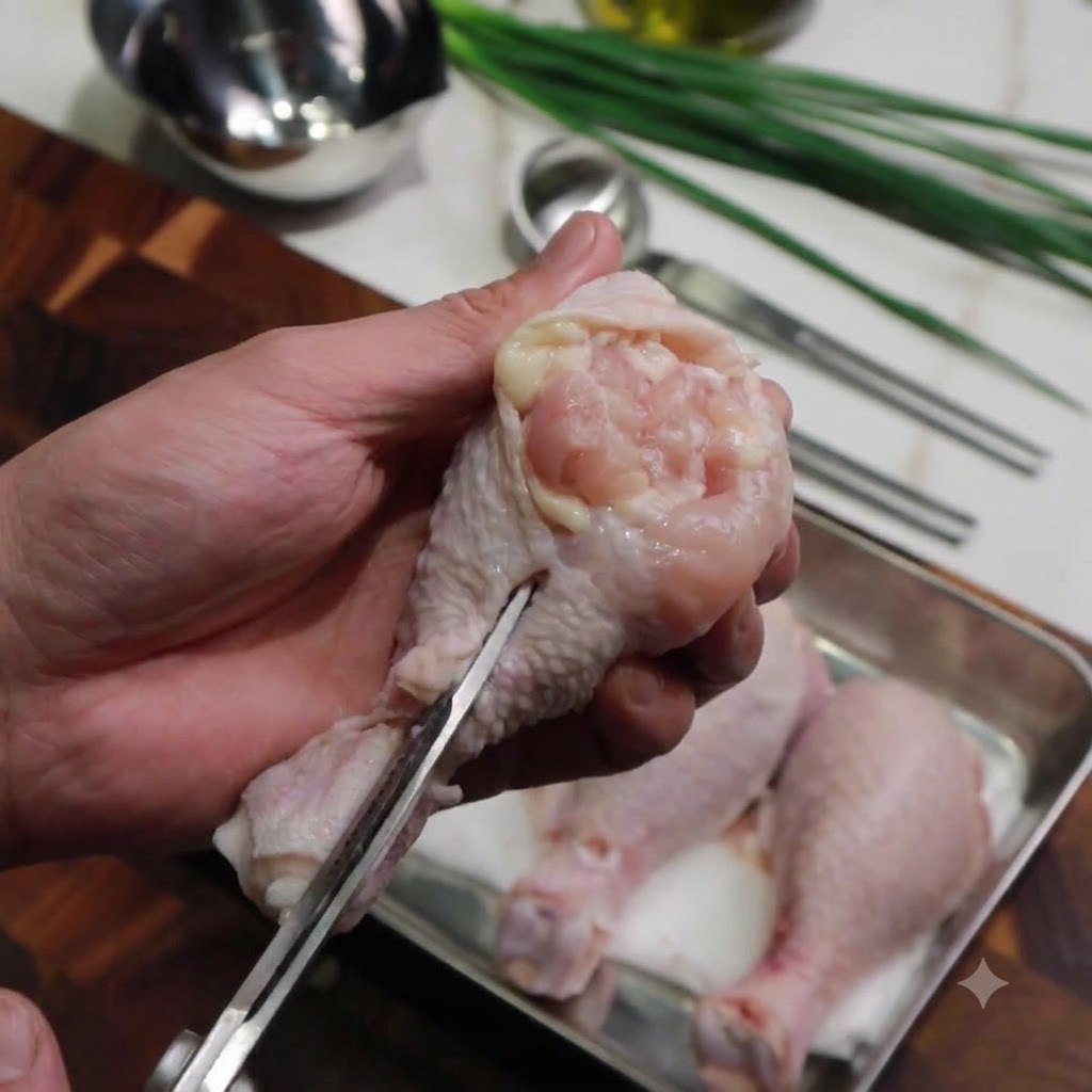 Mani che usano le forbici da cucina per tagliare lungo losso di un pollo per rimuoverlo.