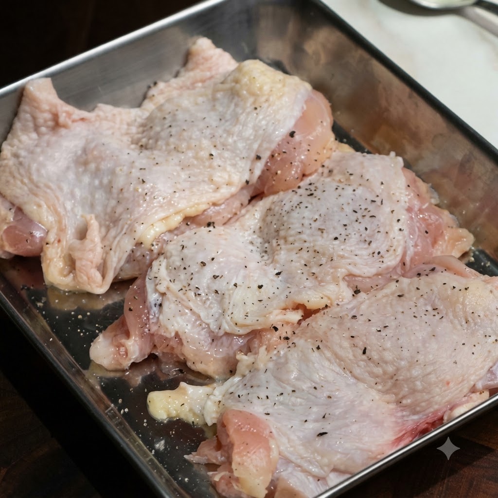 Pezzi di coscia di pollo disossata conditi con pepe nero in un vassoio di acciaio inossidabile.