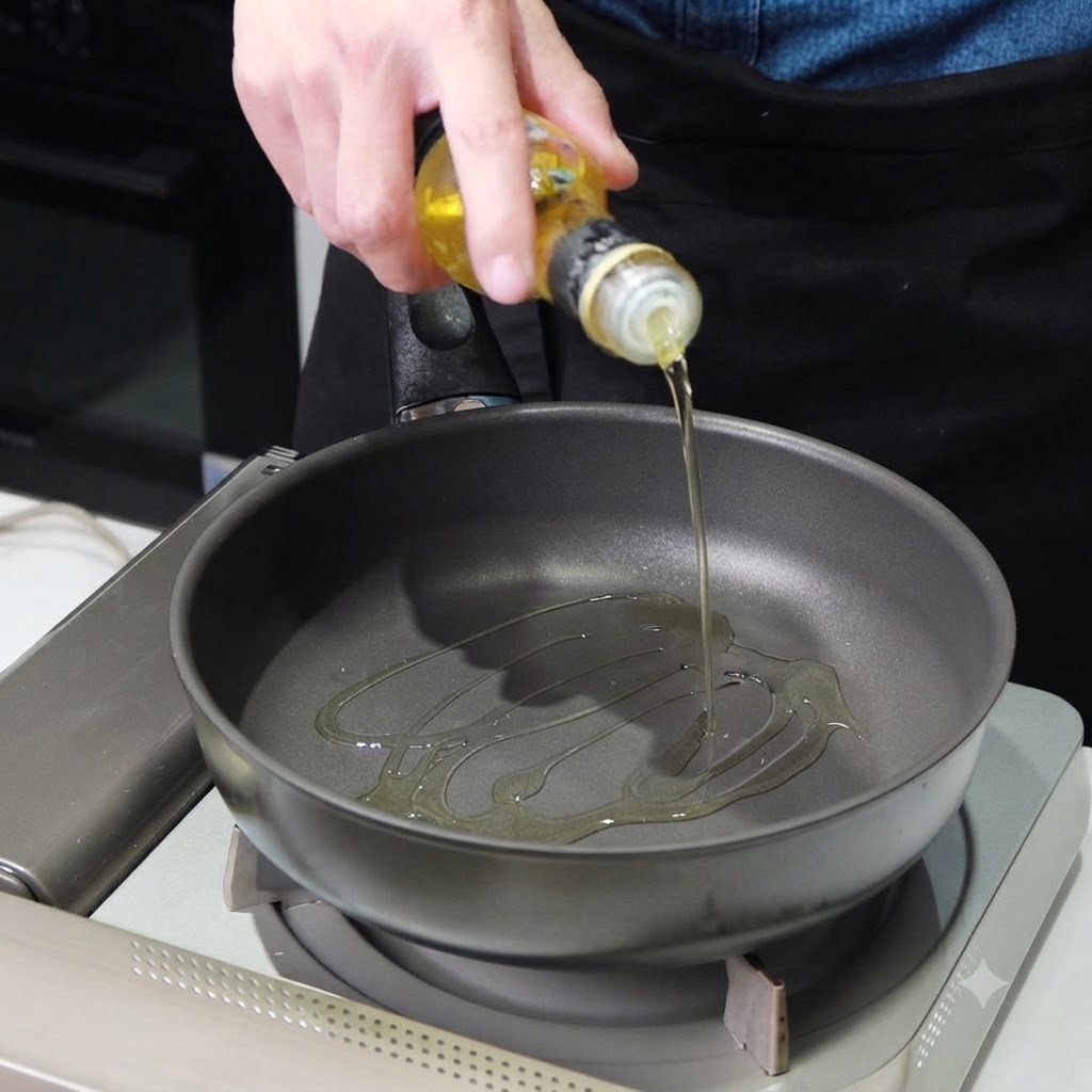 Olio da cucina versato in una padella antiaderente calda su un piano cottura a induzione.