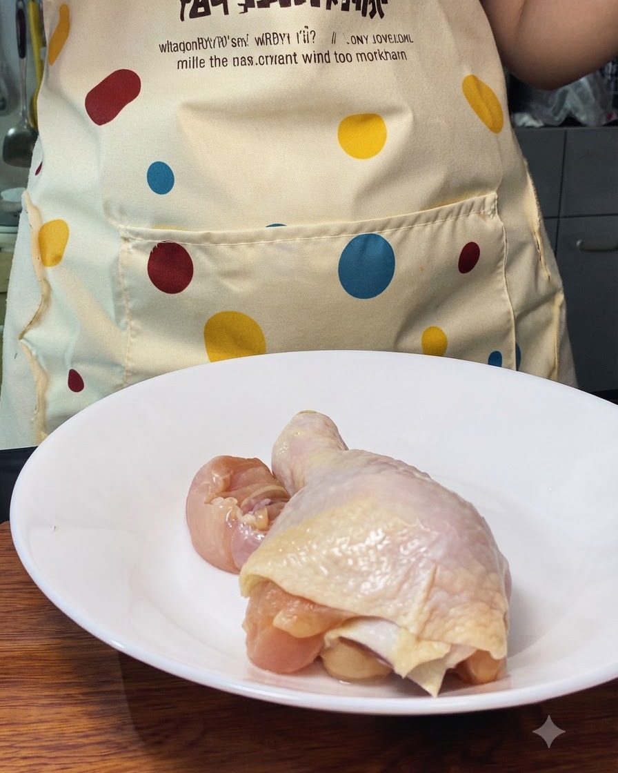 Una coscia di pollo tagliata a pezzi grossi su un piatto bianco.
