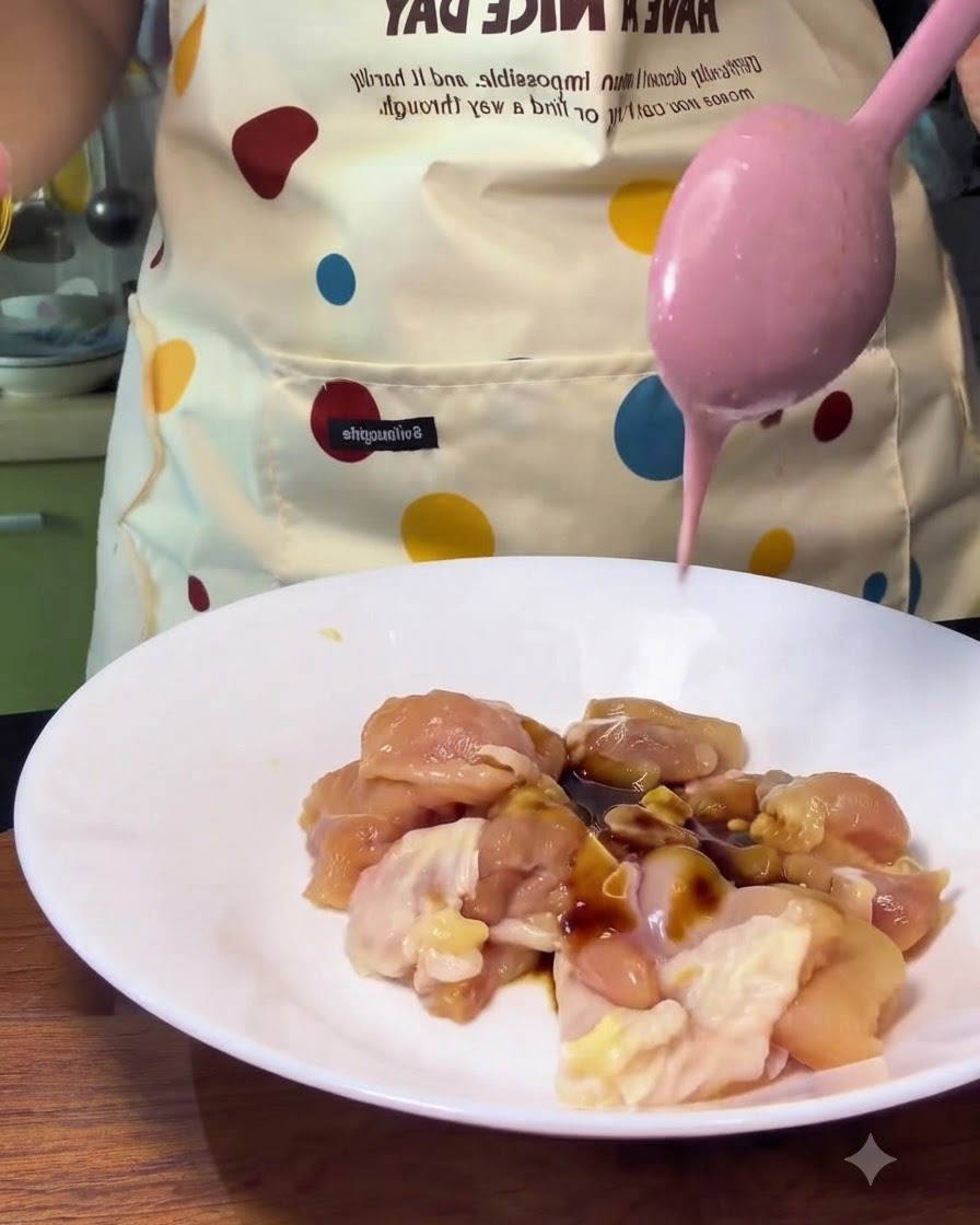 Pezzi di pollo in una ciotola che ricevono la salsa da un cucchiaio rosa.