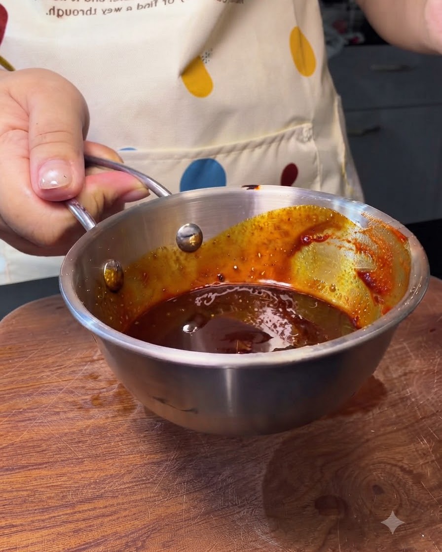 Una piccola ciotola di metallo riempita con una ricca salsa di peperoncino coreano rosso scuro.