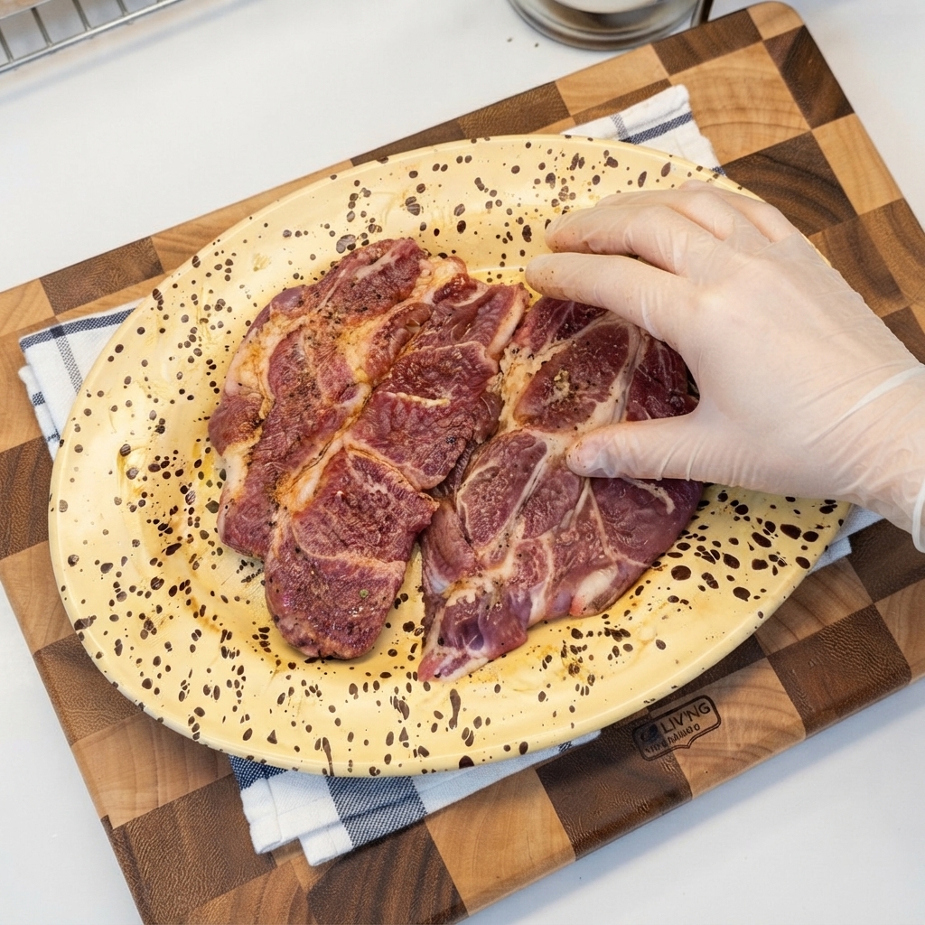 Mano guantata che massaggia condimenti e fette di zenzero su cotolette di maiale crude in un piatto.