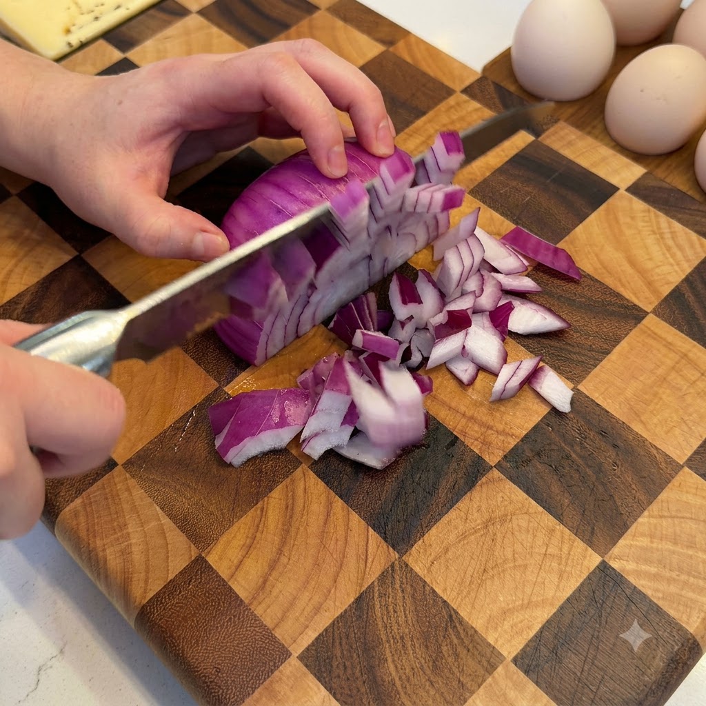 Una cipolla rossa tagliata a piccoli pezzi con un coltello da cucina su un tagliere di legno.