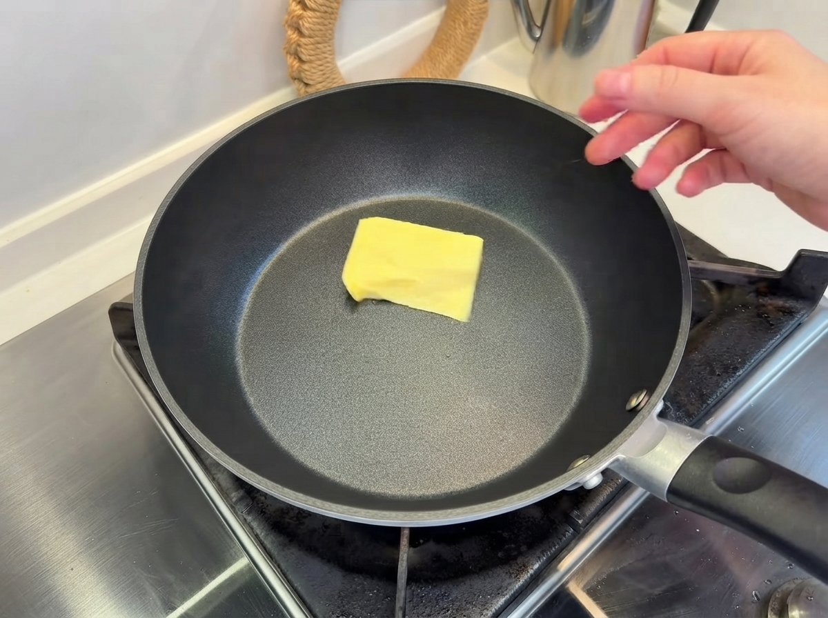 Un singolo quadratino di burro giallo che si scioglie al centro di una padella antiaderente nera su un piano cottura.