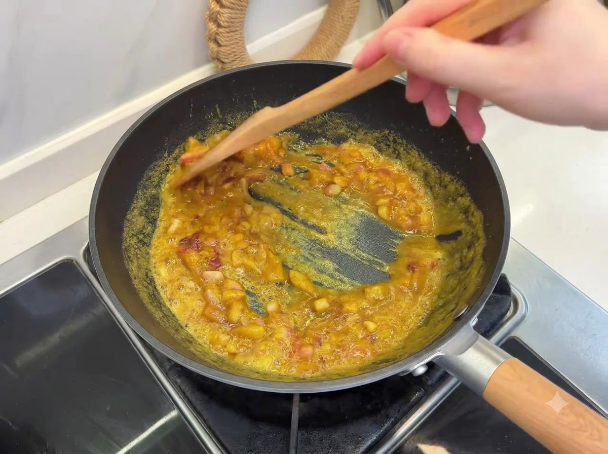 Una spatola di legno che mescola i cubetti di roux di curry che si sciolgono con le cipolle in una padella.