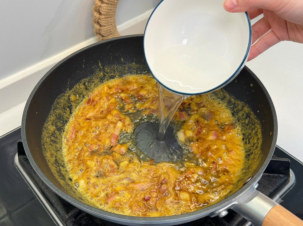 Acqua limpida versata da una ciotola bianca nella padella di curry in ebollizione.