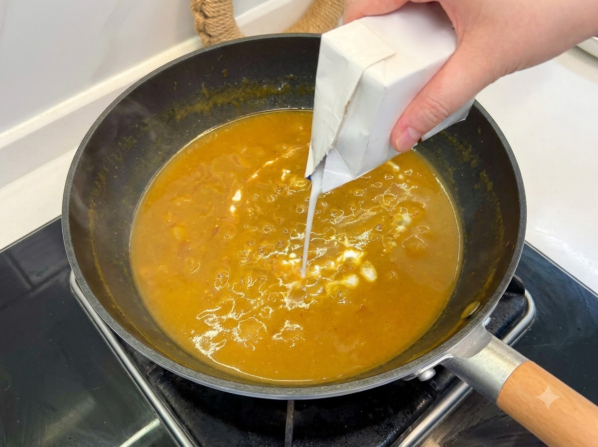 Latte di cocco bianco versato da un cartone in una salsa di curry marrone bollente.