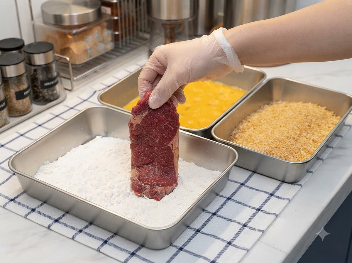 Una mano guantata che tiene una cotoletta di maiale cruda e la passa in un vassoio di amido di mais bianco.