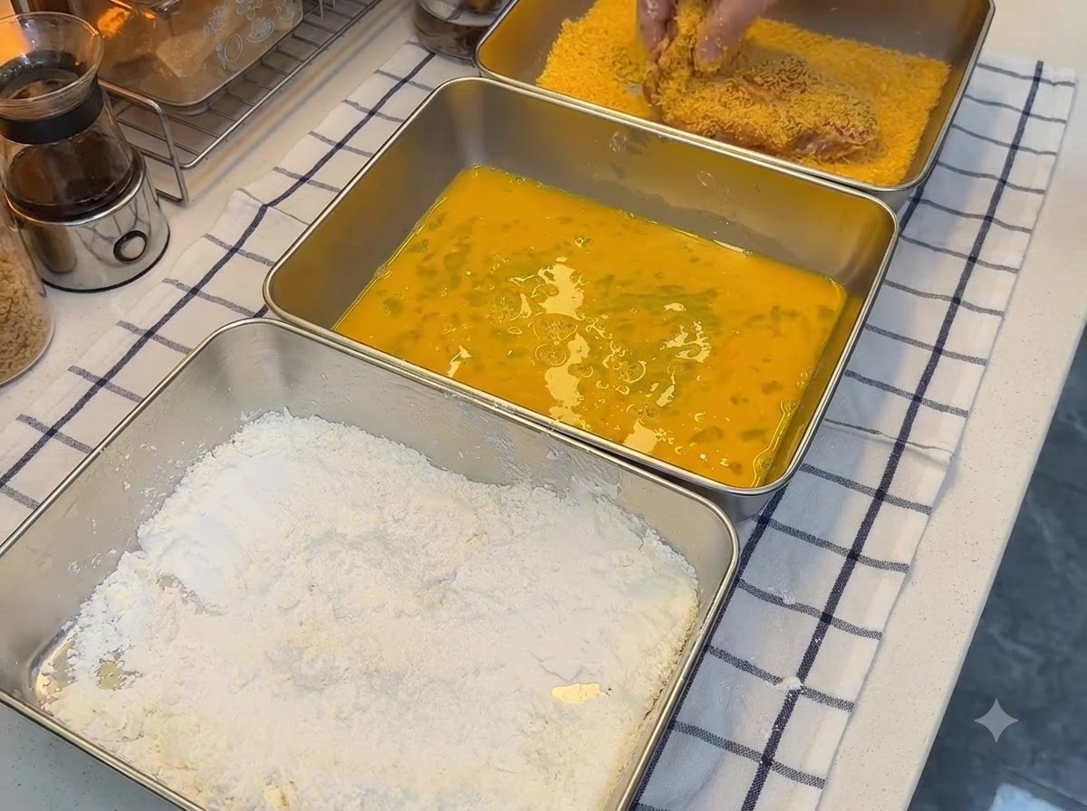 Pangrattato arancione premuto saldamente su una cotoletta di maiale accanto a vassoi di farina e uovo.