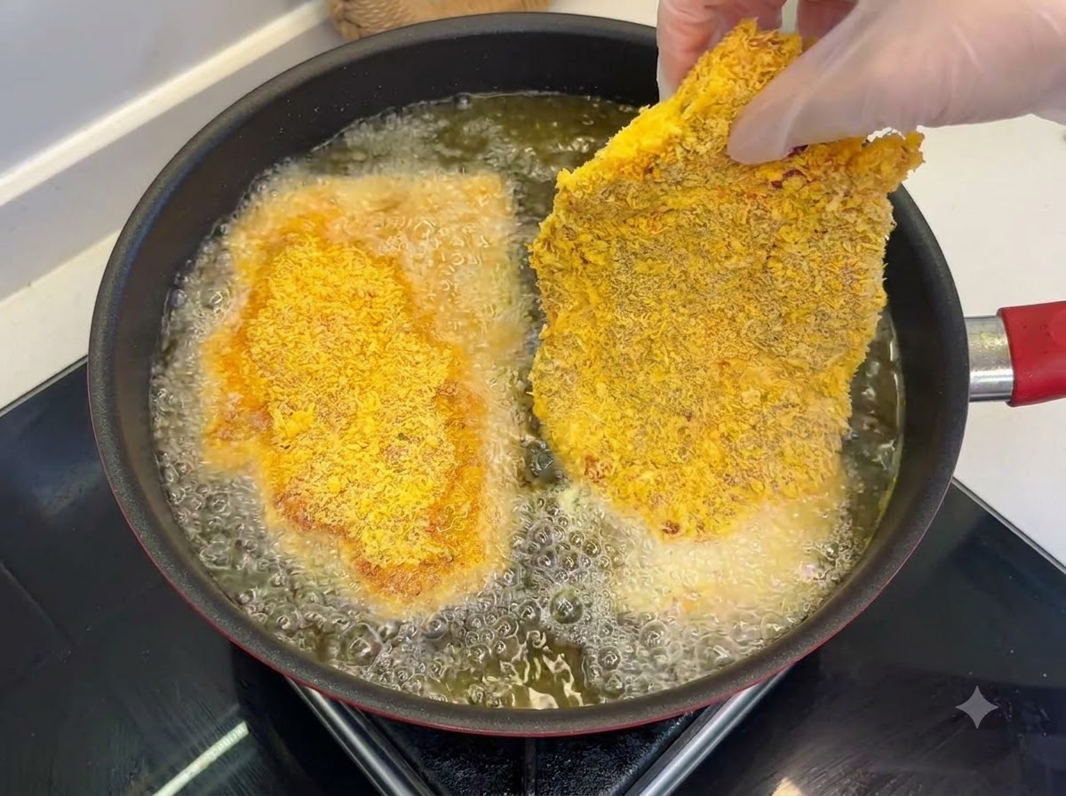Cotolette di maiale impanate che friggono in una padella di olio caldo e bollente con una superficie dorata.