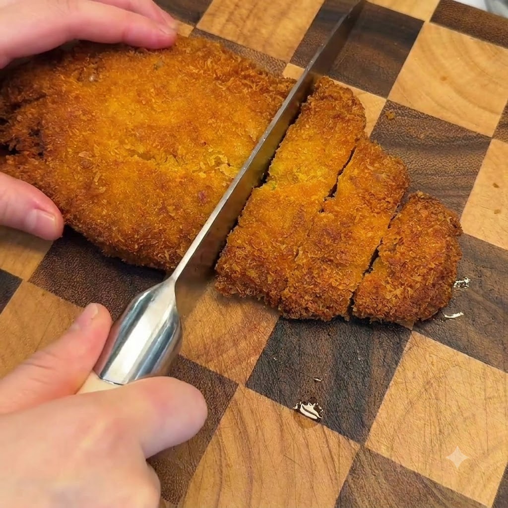 Un coltello che affetta una cotoletta di maiale cotta, dorata e croccante in pezzi spessi su un tagliere.