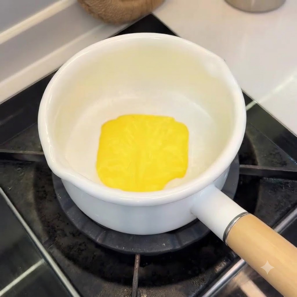 Una fetta quadrata di formaggio giallo che si scioglie nel latte di cocco bianco in un piccolo pentolino.
