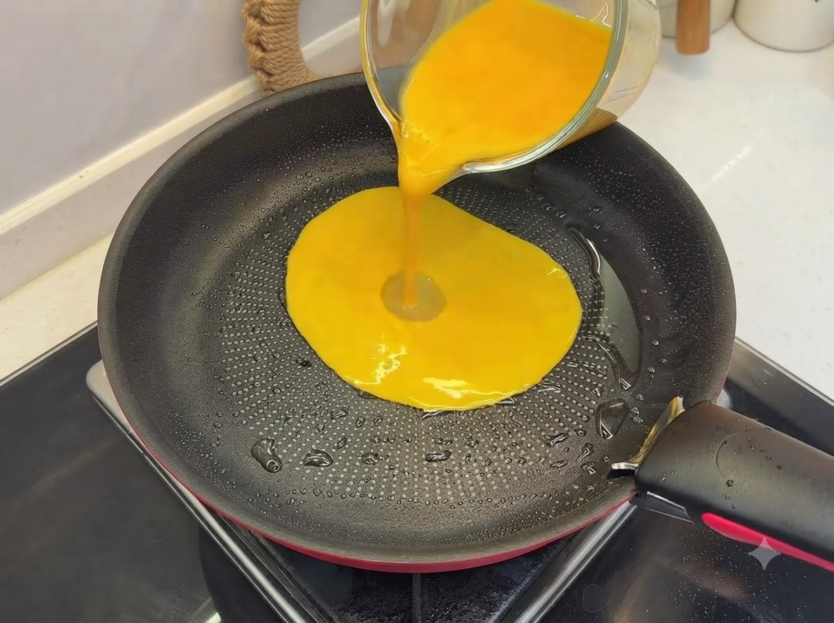 Uovo sbattuto versato e cotto in una padella leggermente unta, formando una consistenza morbida.