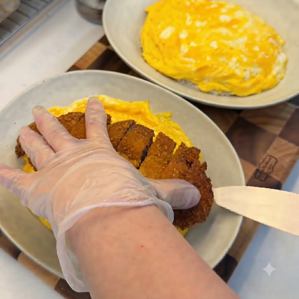 Una mano guantata che posiziona una cotoletta di maiale affettata e dorata su un letto di riso coperto da una frittata gialla.