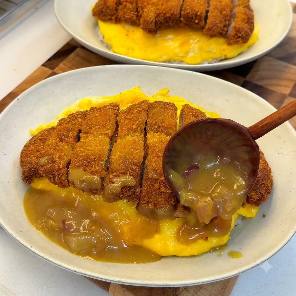 Un meticcio di legno che versa salsa al curry marrone densa con cipolle attorno a un piatto di riso con frittata e cotoletta.