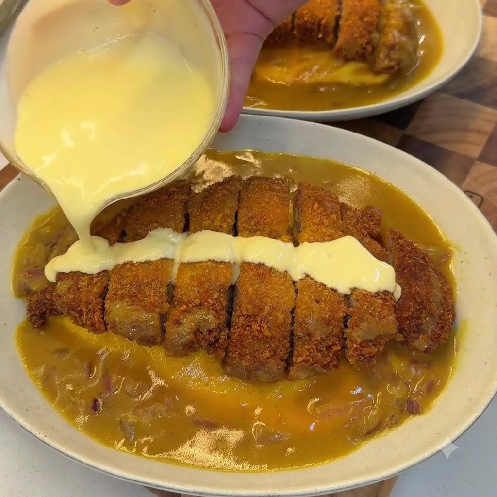 Una ciotola di riso con cotoletta di maiale al curry di cocco mentre viene versata sopra la salsa di formaggio e cocco.