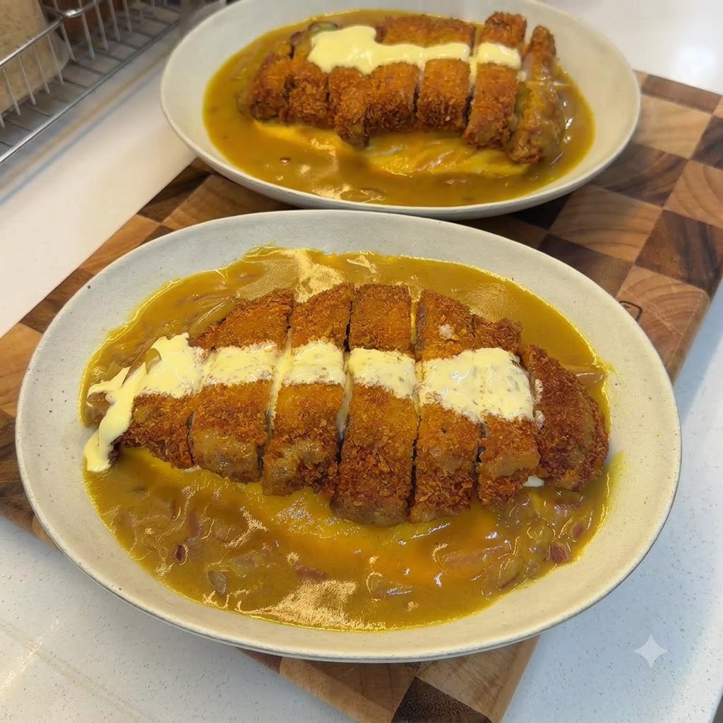 Due ciotole di riso completate con cotoletta di maiale al curry di cocco e guarnite con fiocchi di prezzemolo verde.