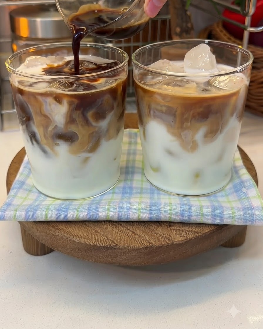 Uno shot di espresso scuro versato in un bicchiere di latte e yogurt sul ghiaccio.