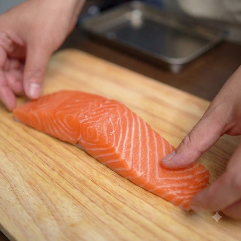 Un paio di mani che usano un coltello da chef per rimuovere la pelle da un filetto di salmone fresco su un tagliere di legno.
